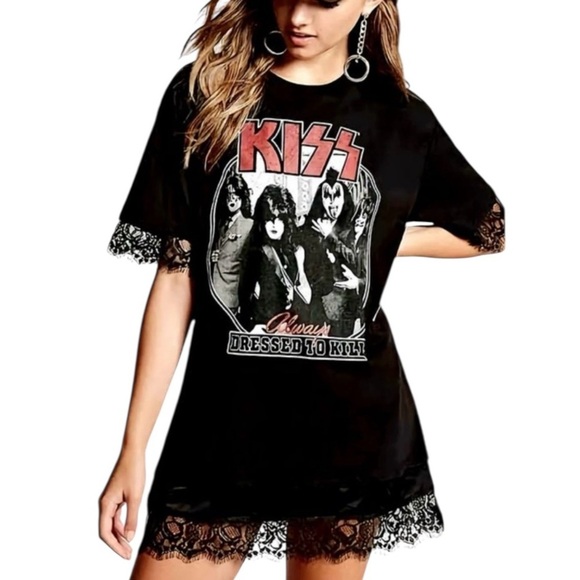 KISS Band Black Lace Trim Dress Shirt Always Dressed To Kill Dark Romantic Small - Picture 1 of 9